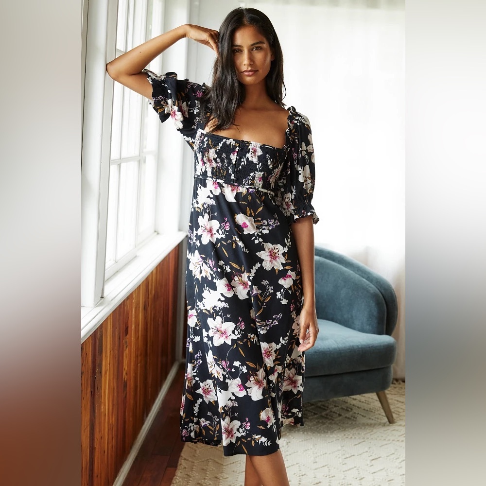 Anthropologie Puff-Sleeve Smocked Midi Dress in Black Motif